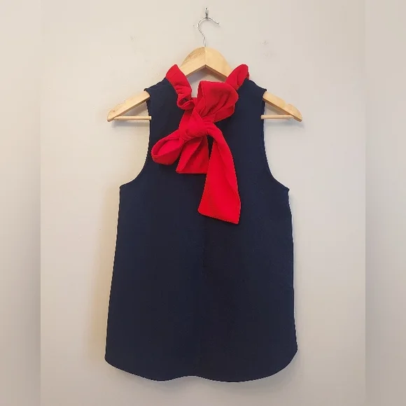 Tuckernuck Pomander Place Mason Navy Blue Red Ruffle Tie Blouse Size Medium - Picture 4 of 12